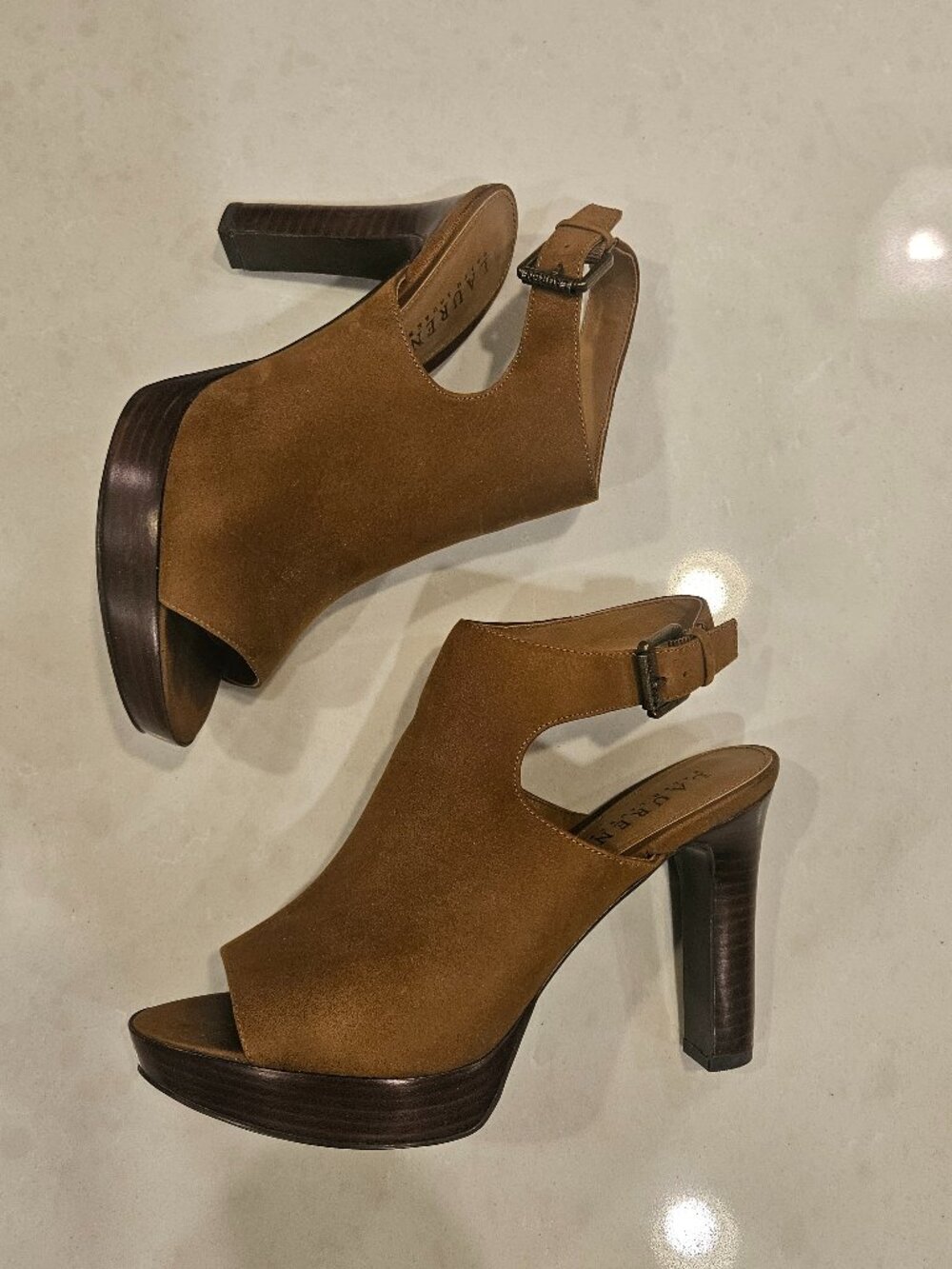 Lauren Ralph Lauren Seleste Platform Heels Ankle Strap - Brown Suede - Size 7.5